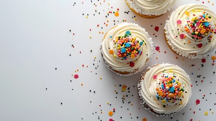 White cupcakes with colorful sprinkles on a white background. Flat lay composition with copy space for design and print
