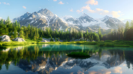 Tranquil Mountain Landscape with Reflections in a Crystal-Clear Lake and Lush Green Meadows Under a Clear Blue Sky
