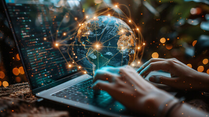 Global internet network connection, digital technology concept. Business man using digital tablet with global network and smart city for business and technology background