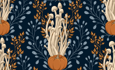 Halloween Seamless Pattern with Poisonous Mushrooms, Forest Plants and Pumpkins, Hand Drawn Vector Illustration. Design for fabric and wallpaper.