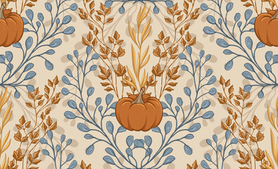 Autumn seamless pattern with pumpkins, plants and oats, harvest. Hand Drawn Illustration, Design for Fabric and Wallpaper.