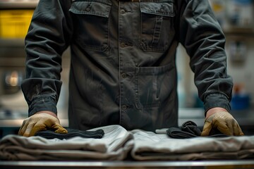 Fototapeta premium Worker in jacket and gloves repairing clothing