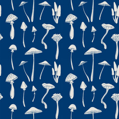 Monochrome seamless pattern with poisonous mushrooms, hand-drawn vector illustration