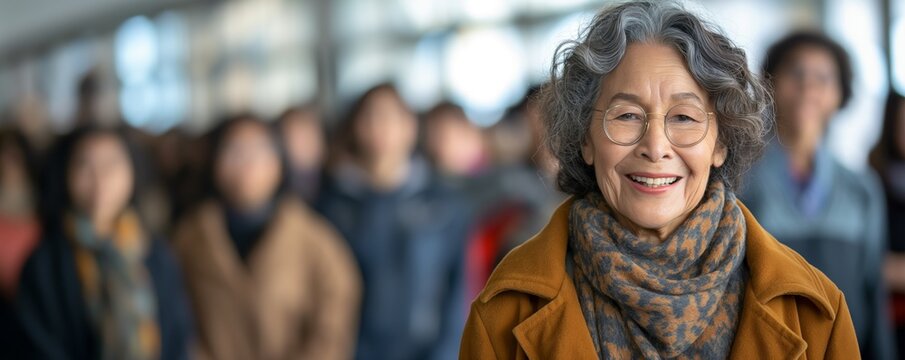A fashionably dressed senior woman in a yellow coat with glasses and a scarf, blurred crowd in the background - Powered by Adobe