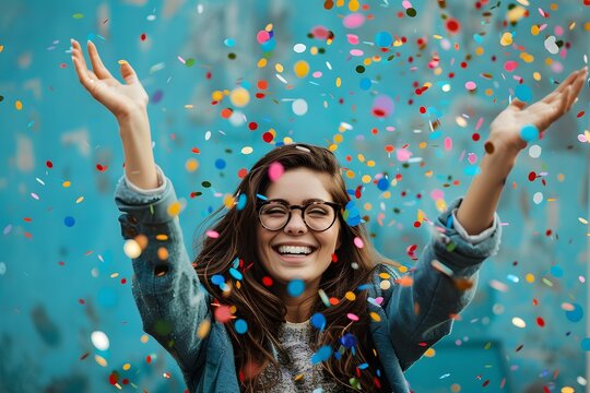 Woman glasses sweater throwing confetti