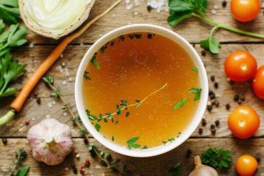 Clear broth with vegetables in white bowl on wooden table from above