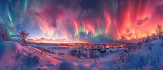 Spectacular sky with colorful northern lights and scattered clouds over a snowy landscape, creating a mesmerizing and otherworldly atmosphere, Astrophotography, long exposure,