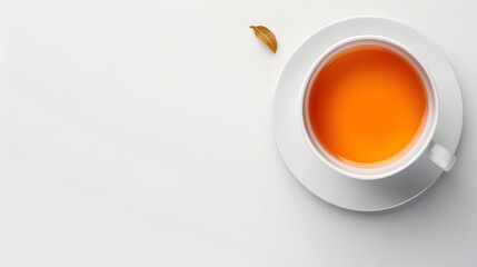 Cup of tea on a white background with a single leaf and copy space. Minimalist top view for beverage design and print