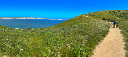 Woman and Boy Hiking on the Chimney Rock Trail Head at Point Reyes State Marine Reserve, California. Clear BlueSkies with the Ocean in the Background. Mother and Son. Outdoors. Active Lifestyle.