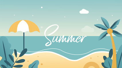 Colorful summer beach vector illustration, tropical background with palm trees, umbrella, and ocean, for tropical holiday themes, vacation promotions, summer backgrounds and banners.