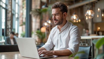 Fototapeta premium A confident, well-groomed man working on a laptop with a serious look at a wooden table in a lit cafe
