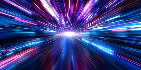 Futuristic warp effect with vibrant light streaks converging into central point. Concept Digital Art, Futuristic Effects, Light Streaks, Vibrant Colors, Central Point