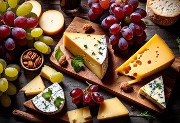 rustic wooden board cheese gourmet food display, grapes, snack, appetizer, delicious, fresh, organic, culinary, arrangement, pairing, tasting, art, wine