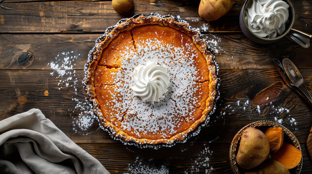 Freshly baked Boniato/Sweet Potato pie, sprinkled with powdered sugar and served on a rustic wooden table with a dollop of whipped cream