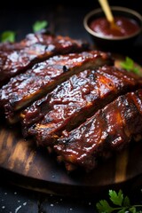 Grilled pork ribs on a wooden board