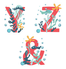 Coral capital letters Y, Z, &, decorated with algae, corals and inhabitants of the underwater world. Vector image of alphabet and deep sea elements.