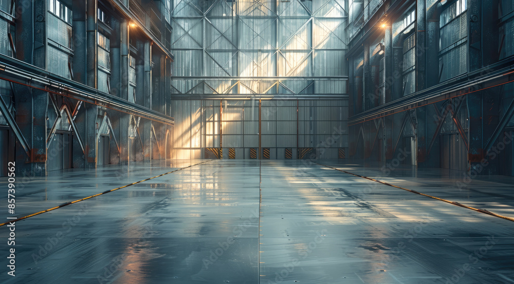Poster Large empty storehouse. Generative AI.