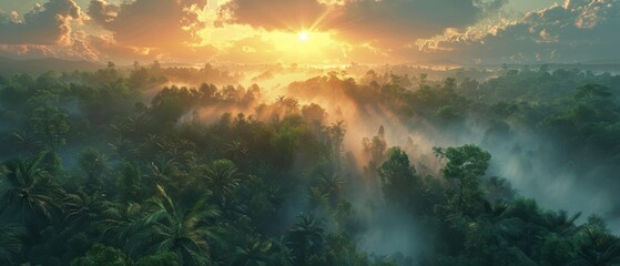 Sunrise over a dense jungle with mist rising,