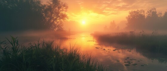Fototapeta premium Sunrise over a foggy marshland,