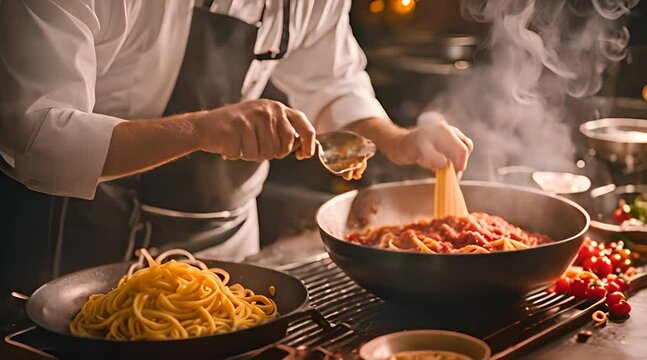 Chef cooking and serving bolognese fresh pasta with tomato sause, man making traditional italian dinner on restaurant kitchen, tasty food, high haute kitchen
