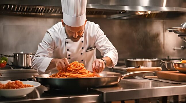 Chef cooking and serving bolognese fresh pasta with tomato sause, man making traditional italian dinner on restaurant kitchen, tasty food, high haute kitchen