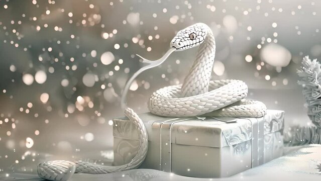 A white snake is curled up on top of a white box