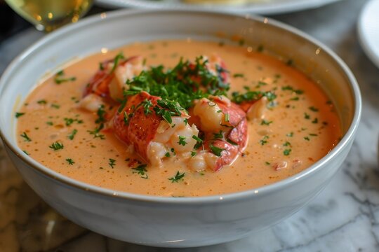 Creamy lobster bisque with cognac tomato paste and lobster meat