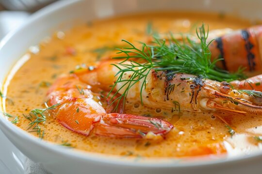 Creamy lobster bisque with grilled prawn and dill in white bowl