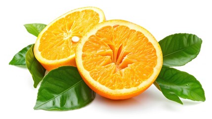 Top view orange fruit slices with leaves on white background