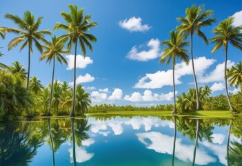 Fototapeta premium palm trees reflecting tranquil lagoon water, reflection, tropical, serene, calm, peaceful, nature, beauty, landscape, idyllic, scenery, paradise, oasis