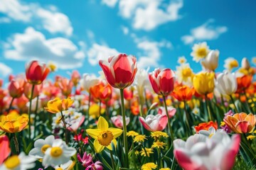 Fototapeta premium A vibrant field of blooming spring flowers with a mix of tulips, daffodils, and daisies. ai generative