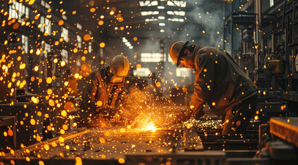 Fototapeta premium A shed contains heavy equipment and workers doing heavy work with lots of steel, sparks, and heavy tools. Generative AI.