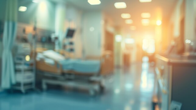 A blurred photograph of an ICU room with medical equipment and a patient in bed
