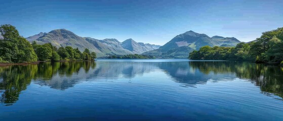 Naklejka premium Tranquil lake with mountain reflections and clear skies