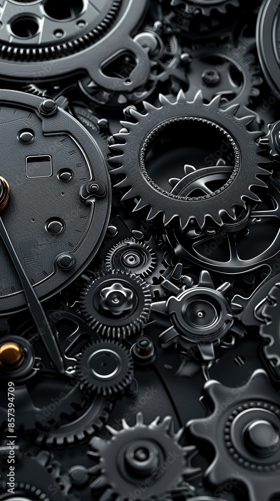 Poster the intricate details of the mechanism of a mechanical clock, plenty of gears, carbon black with som