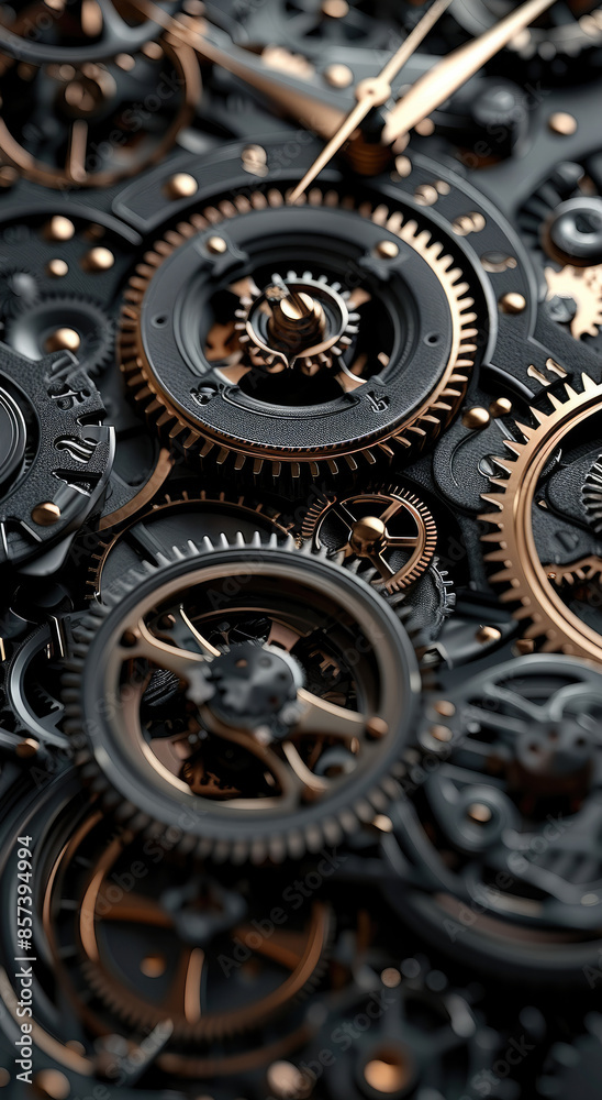 Poster the intricate details of the mechanism of a mechanical clock, plenty of gears, carbon black with som