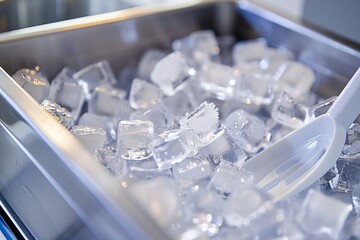 Detailed shot of ice cube tray filled with bullet ice and scoop inside portable ice maker