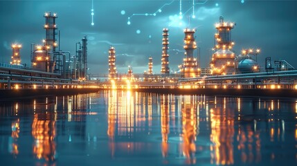 Fototapeta premium Oil and gas power plant refinery with storage tanks facility for oil production or petrochemical factory infrastructure and oil demand price chart concepts. Generative AI.