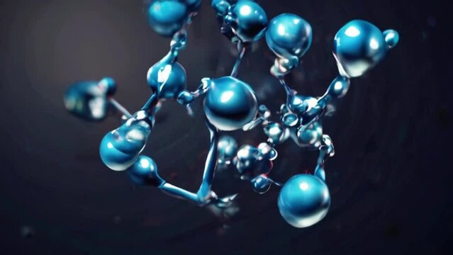 Hydrated hyaluronic acid molecules, molecular structure and blue spherical molecule. Water molecules from microscope H2O, hyaluronic acids in chemical laboratory 3D vector illustration.