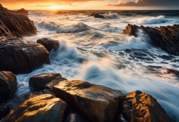 Obraz premium dramatic rocky beach landscape crashing waves coastal seaside view nature, ocean, scenery, surf, water, coastline, cliffs, seashore, shore, seaboard, horizon