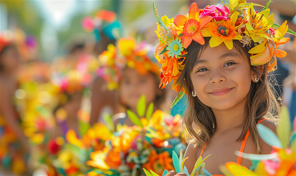 Smiling girl wearing a colorful flower wreath at a festival. Banner with place for text. Concept for summer celebration Feria de las Flores,Children's Day.
