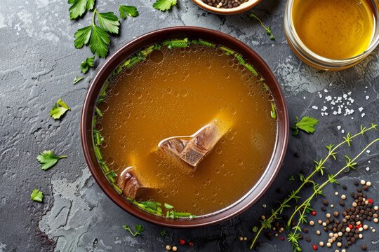 Flat lay of homemade beef bone broth with nutritious ingredients and essential nutrients