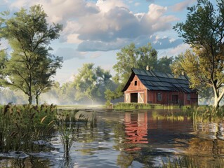 Obraz premium Farmstead surroundedfloodwater during sunset, realistic landscapedramatic sky.