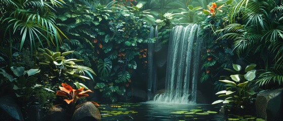 Tropical rainforest with exotic plants and a waterfall