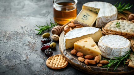  A wooden platter holds an assortment of cheeses and crackers, with a glass of honey subtly resting in the background