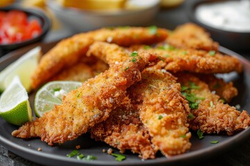 Fototapeta premium Fried Brazilian tilapia strips served with lime and tartar sauce called isca de peixe Traditional Brazilian dish Close up shot