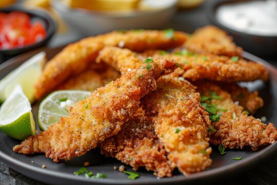 Fried Brazilian tilapia strips served with lime and tartar sauce called isca de peixe Traditional Brazilian dish Close up shot
