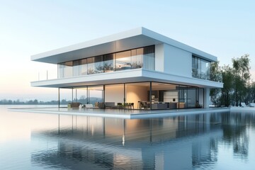 Obraz premium Modern floating luxury home on serene water surface