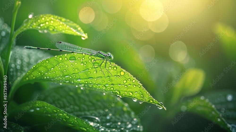 Wall mural  Dragonfly atop wet, green leaf under sunny background