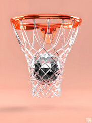 basketball hoop with a shiny disco ball caught in the net against a soft pink background This creative fusion of sports and dance elements offers a playful and artistic vibe